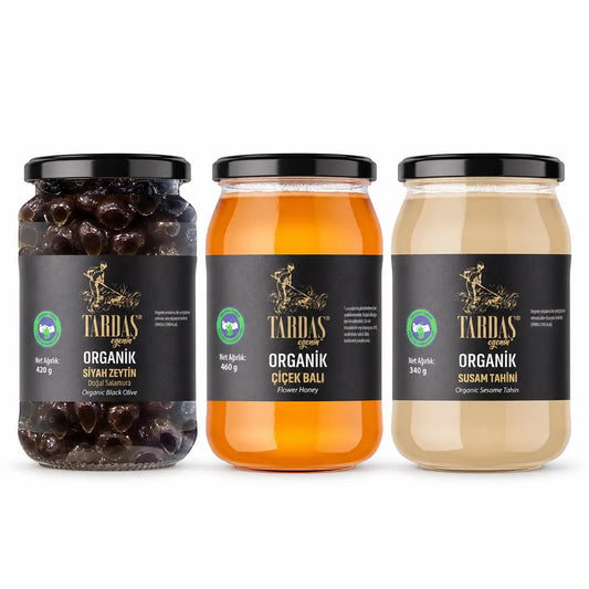 Tardaş Organik Kahvaltı Üçlüsü: Zeytin, Bal ve Tahin – set içeriği